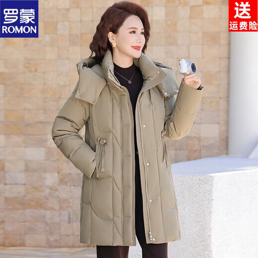 ROMON counter genuine white duck down jacket for women mid-length winter new style loose large size casual jacket for middle-aged and elderly mothers beige XL recommended 95-110Jin Jin equals 0.5 kg
