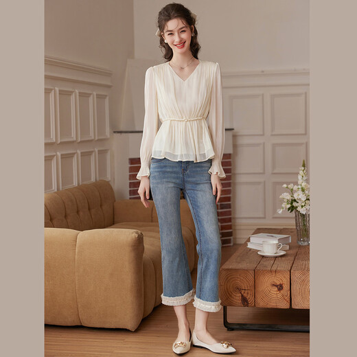 Bailuyu temperament V-neck waist shirt 26 spring new style gentle French ruffle top for women apricot L