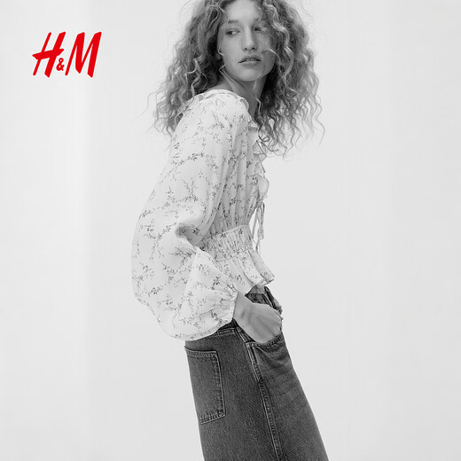 H&M2026 Spring New Women's Ruffled Viscose Top 1321146 Light Beige/Floral XS 155/80