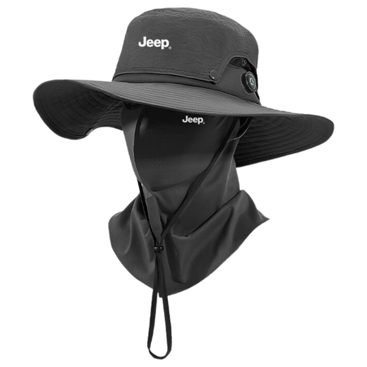 JEEP渔夫帽男款登山帽防晒面罩太阳钓鱼防紫外线女速干遮阳防晒帽子男 黑色三件套【帽子+立体面罩+冰袖】