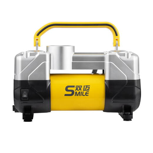 Gongma Shuangmai car air pump portable car tire double cylinder high pressure high power electric car air pump 12V yellow 70 piece motor youth version double cylinder pointer model manual stop + base