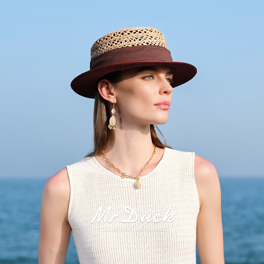 Mr DUCK Extra Fine Natural Wheat Straw Raffia Straw Hat French Elegant Flat Top Hat Women's Fashionable Style Hollow Sun Hat Raw Grass/Burgundy (Lightweight and Breathable) M(55-57cm)