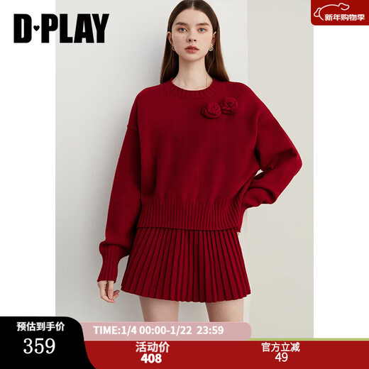 DPLAY2025 Autumn New Casual Red Round Neck Flower Design Sweater Knit Top Long Sleeve Women Ankora Red-Top XL
