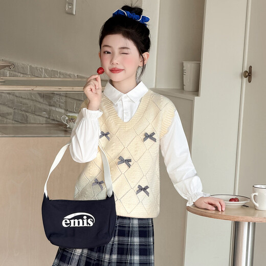 Girls spring fake two-piece tops 2026 new medium and large children's fashionable patchwork shirts children's fashionable children's clothing apricot 140