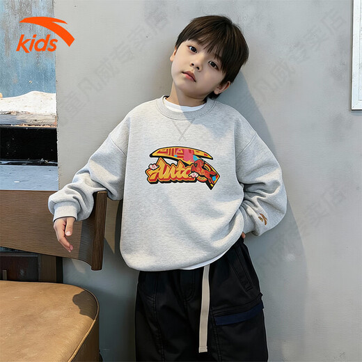 ANTA velvet children's sweatshirt, boys' sweatshirt, thickened youth red sweatshirt, autumn and winter warm sports top for girls, gray floral gray, velvet style 170
