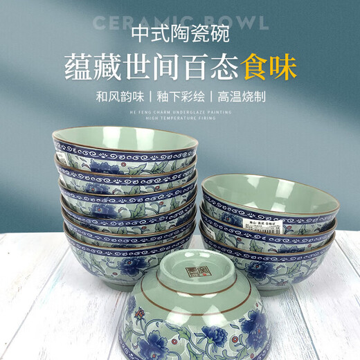 Tuojin blue and white porcelain tableware rice bowl set bowl for home use 4.5-inch Chinese ceramic bowl underglaze instant noodle bowl wholesale 7-inch noodle bowl 10 pieces