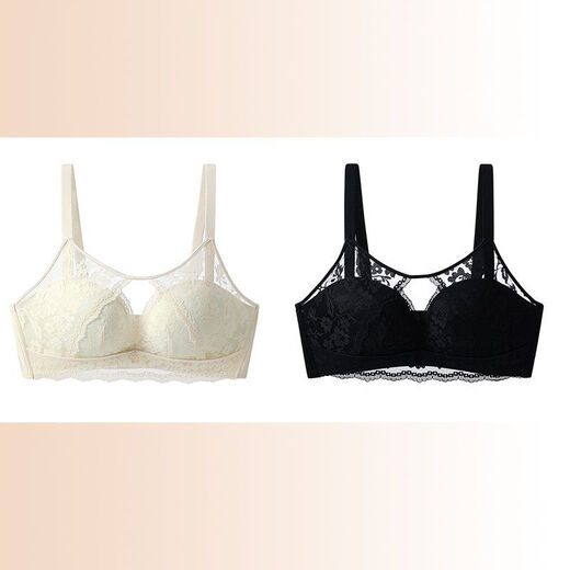 Tingmei (GRACWELL) Tingmei underwear for women with small breasts gathered up to show their size, pull-up support to prevent sagging, soft and sweet style sexy lace bra, apricot skin + retro black / two-piece set 75B