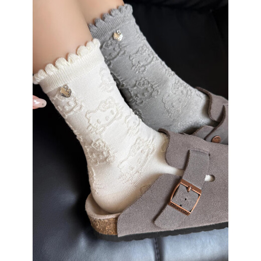 Modal Hello Kitty Socks Women's Lace Pile Socks Cartoon Pendant Socks Japanese Cute Spring and Autumn Mid-Tube Socks Black + Pink One Size Women's 35-40 Embossed Kitty