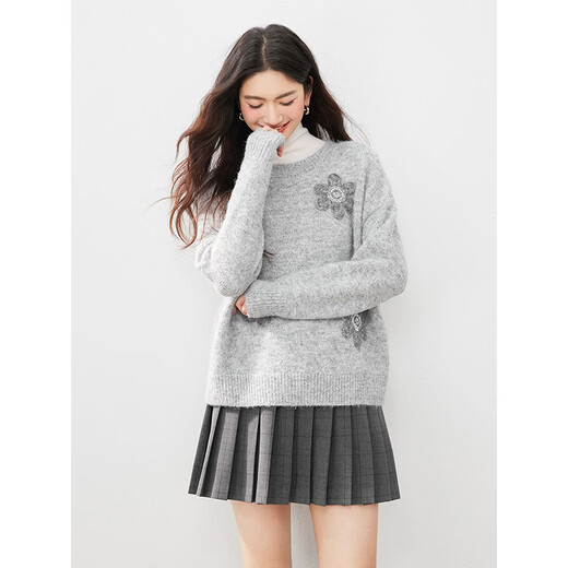 Faberza Brand Retro Handmade Flower Embroidered Sweater Women's Spring New Round Neck Loose Lazy Knitted Sweater Top Gray M (100-110Jin Jin equals 0.5kg)