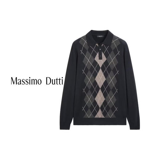 Massimo Dutti new season special 2026 men's classic retro diamond pattern high-end Polo collar long-sleeved sweater 01190218 Navy Blue M (180/96A)