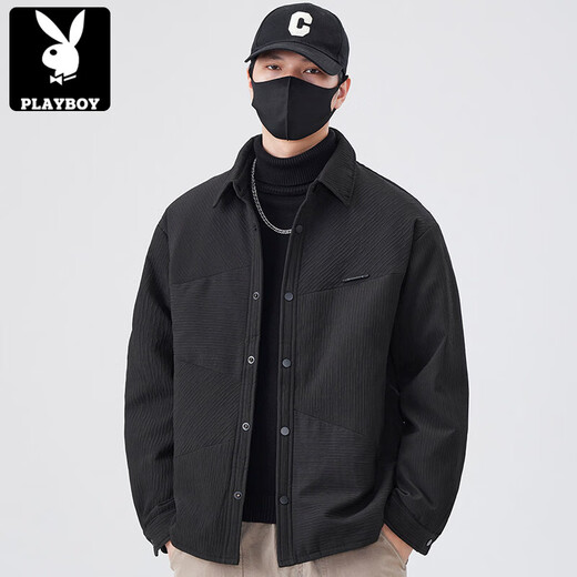 Playboy (PLAYBOY) Textured Down Jacket Men's 2025 Autumn and Winter New Thin Warm Lapel Winter Jacket Men's Trend Black M 100-130Jin Jin is equal to 0.5 kg