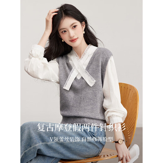Fanximan gray college style fake two-piece sweater for women 26 spring new lace splicing design top 30597 gray one size