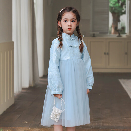 Huatian Cai's new Chinese style girls' autumn dress spring and autumn girls' jacquard mesh skirt medium and large children's fashionable autumn princess dress