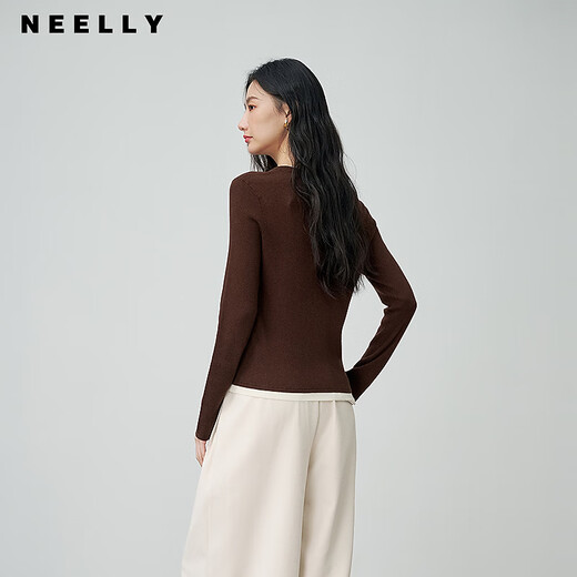 NEELLY shopping mall's same style spring new fashion slim fake two-piece knitted sweater for women, slim casual top, brown L