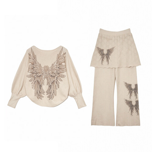 TCH knitted suit for women 26 years early spring model angel wings hot diamond fashion versatile temperament elegant style culottes two-piece set off-white S