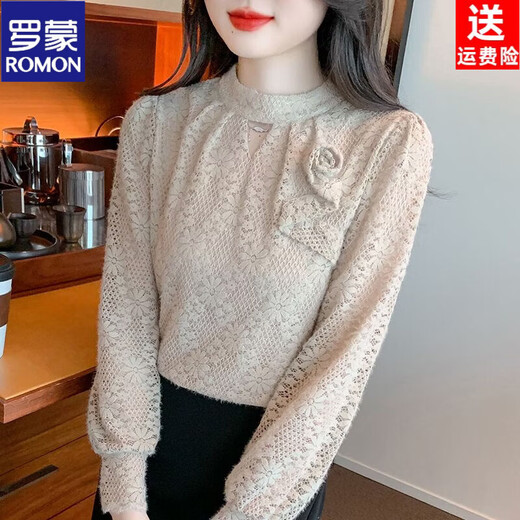 ROMON autumn and winter fashionable half turtleneck lace bottoming shirt for women new style with velvet thickened warm top and small shirt khaki regular style S 80-90Jin Jin is equal to 0.5 kg