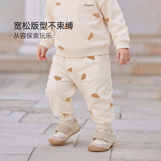 Babylove infant sweatshirt set spring and autumn pure cotton baby outing tops and pants two-piece set caramel croissant caramel croissant 80