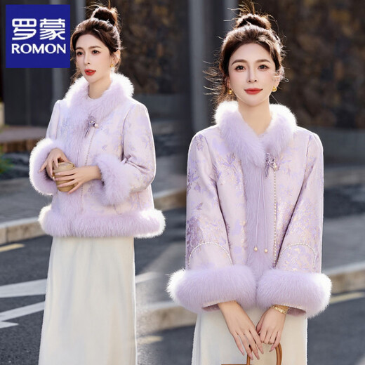 ROMON new Chinese style high-end light luxury fox fur splicing down jacket for women 2026 winter new style rich lady white duck down jacket beauty pink S