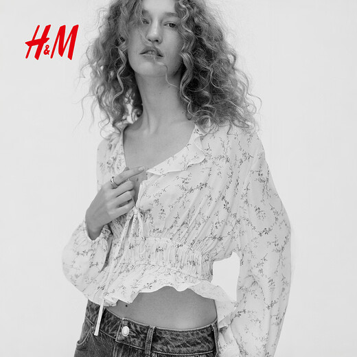 H&M2026 Spring New Women's Ruffled Viscose Top 1321146 Light Beige/Floral XS 155/80