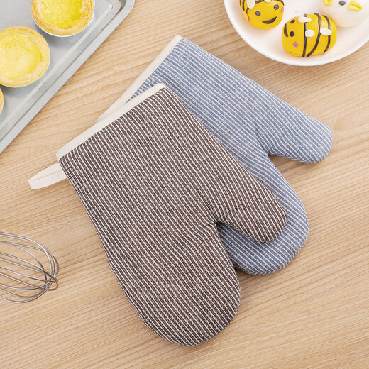 Yingcan oven gloves anti-scalding thickened insulation gloves baking kitchen non-slip special microwave gloves insulation striped coffee 2 pieces