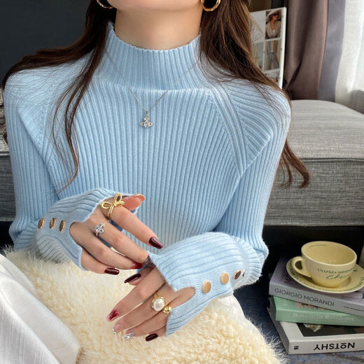 Blue half turtleneck bottoming shirt for women in autumn and winter 2025 new style knitted sweater mid-collar western style top baby blue S S
