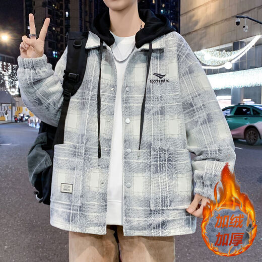 Winter coat men's velvet thickened trendy brand plaid jacket men's hooded autumn and winter baseball uniform loose casual cotton jacket light gray hoodless 8611 4XL recommended 175-195Jin Jin equals 0.5 kg