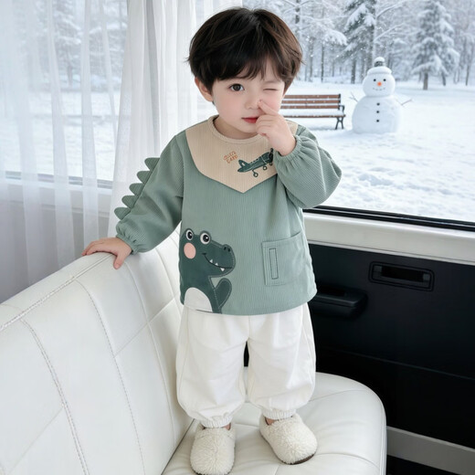 Shijanu Western Style Waterproof Bib Back-to-Back Dressing Kindergarten Drawing and Eating Anti-Dirty Dinosaur Cover Light Blue 100 Recommended for 0-2 years old