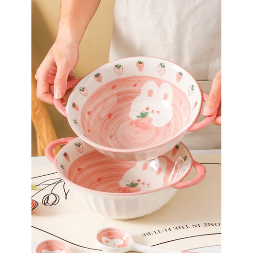 Tuojin cute ceramic double-eared soup bowl, large snail noodle bowl, large bowl, children's instant noodle bowl, personal rice bowl and dish set, exquisite gift box for 6 people, 27-piece set
