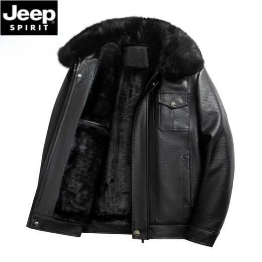 JEEP SPIRIT Jeep Haining middle-aged and elderly velvet genuine leather jacket large size men's velvet thickened winter dad 50 coat fur collar 60 pickle brown free fur collar 2025 L 175/92A recommended 110-125Jin Jin equals 0.5 kg