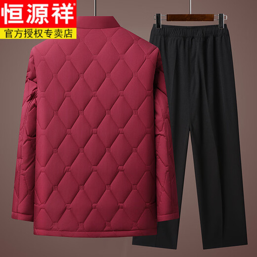 恒源祥新款中式唐装中老年中国风棉服中山装盘扣爸爸装加绒棉袄上衣外套 酒红色上衣 4XL (195)