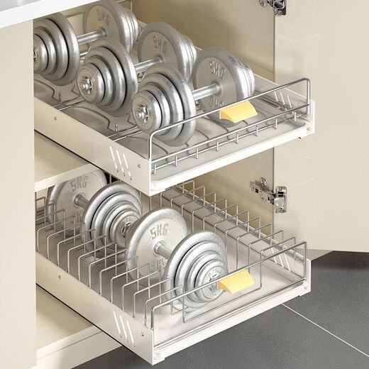 Fantasy kitchen storage rack multi-layer storage rack 304 stainless steel under sink retractable layered cabinet pull-out stainless steel + ins milk white guide rail pull-out bowl rack + dish rack