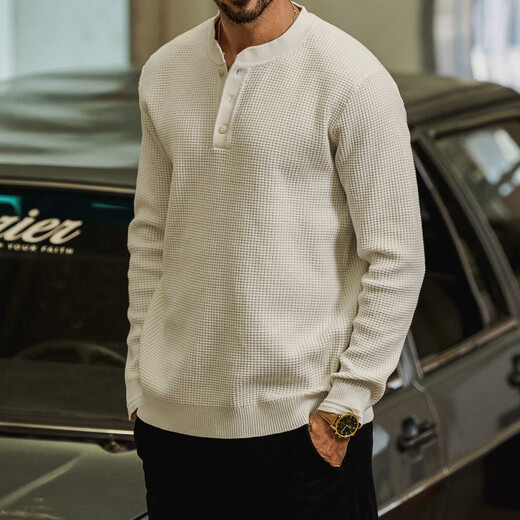 Chaoyugong American retro trendy warm sweater for men 2025 new style lazy style waffle loose casual sweater for men pure white S