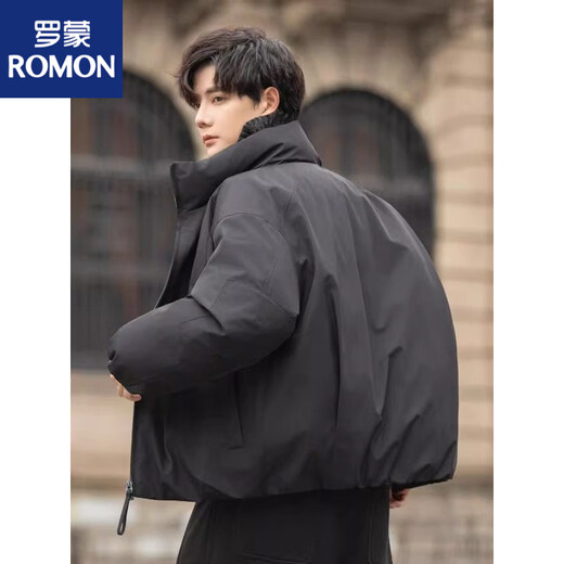 罗蒙（ROMON）2026冬季新款羽绒服男设计感宽松百搭加厚保暖立领面包服短款外套 黑色 M