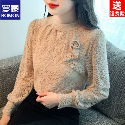 ROMON autumn and winter fashionable half turtleneck lace bottoming shirt for women new style with velvet thickened warm top and small shirt khaki regular style S 80-90Jin Jin is equal to 0.5 kg