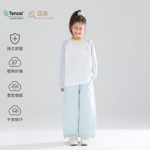 Mucmukn colorful Trojan 13 linen 48 lyocell 38 cotton pony embroidered striped T-shirt girls 26 spring blue and white strips 110 cm