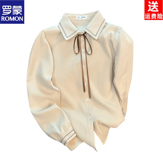 ROMON corduroy shirt women's long-sleeved 2026 autumn and winter new velvet brushed shirt layered bottoming shirt bow top white shirt + brown lace slightly thick and opaque S high-quality fabric