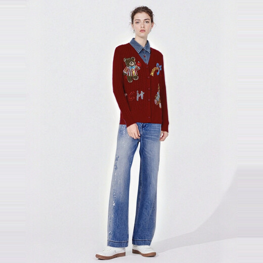 TCH knitted cardigan for women 26 years early spring fashion hot diamond retro red fake two-piece splicing denim design sweater burgundy L