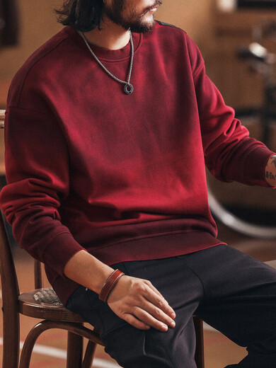 Green Deer American retro heavyweight dirty dyed spring and autumn men's sweatshirt new loose long-sleeved T-shirt top trendy Ancora red L suitable for 130-150Jin Jin equals 0.5 kg