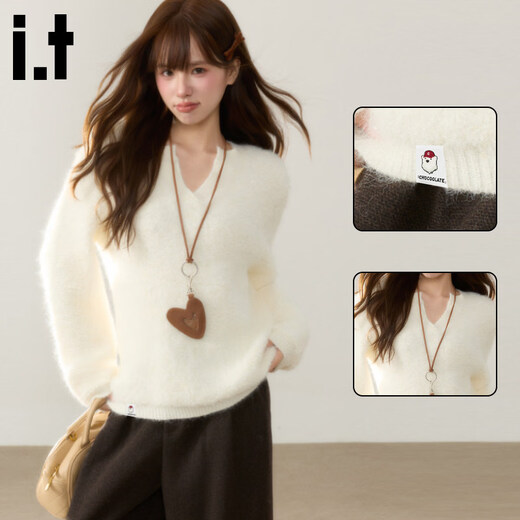 CHOCOOLATE it women's white v-neck pullover mink velvet sweater for women 2026 spring soft waxy lazy sweater top off-white S