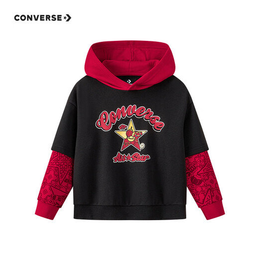 Converse boys' contrasting fake two-piece hooded sweatshirt 2026 spring children's skin-friendly and comfortable fleece sweatshirt