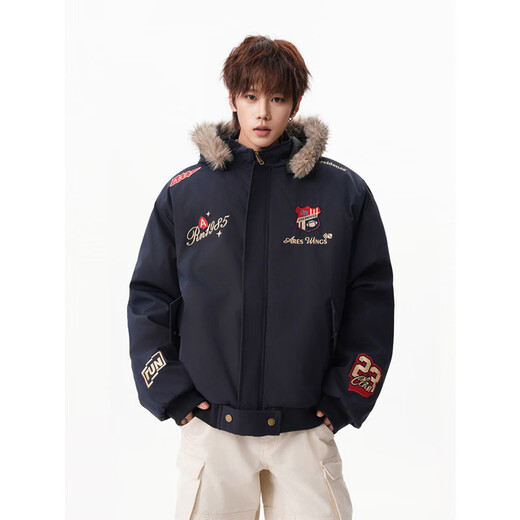 OEMG American retro emblem letter embroidered fur collar hooded cotton jacket for men winter thickened warm top jacket navy blue high quality 2XL recommended 130-150Jin Jin equals 0.5 kg