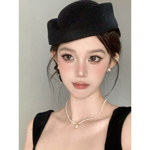 Shijanu retro Hepburn style black flat top hat women's French elegant beret black stewardess hat