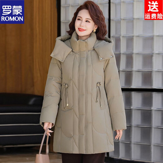ROMON counter genuine white duck down jacket for women mid-length winter new style loose large size casual jacket for middle-aged and elderly mothers beige XL recommended 95-110Jin Jin equals 0.5 kg