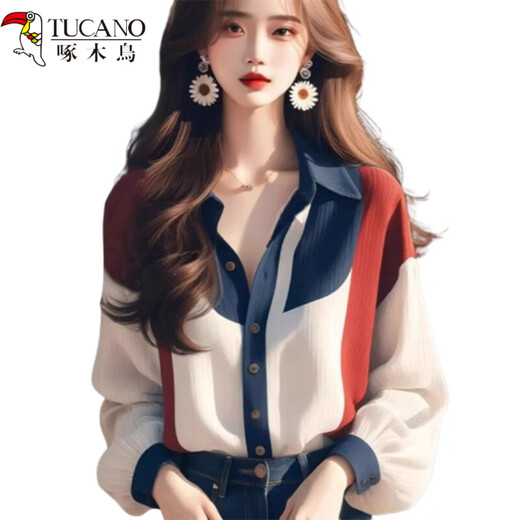 Woodpecker (TUCANO) Contrast Color Lantern Sleeve Shirt Women's Spring Clothing 2026 New French Retro Cold Style High-End Beautiful Top Picture Color XL 115-125