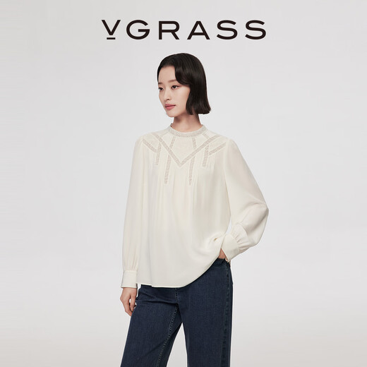VGRASS26 Spring New 18MM Crepe de Chine Silk Temperament Small Stand-up Collar Partially Spliced Lace Small Top Xiangyun White S
