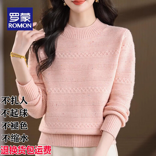 ROMON high-end half-turtleneck woolen sweater for women in autumn and winter new fashionable inner sweater fashionable age-reducing base sweater 100% pure wool-pink-Puyuan woolen sweater S suitable for 40-45 kg