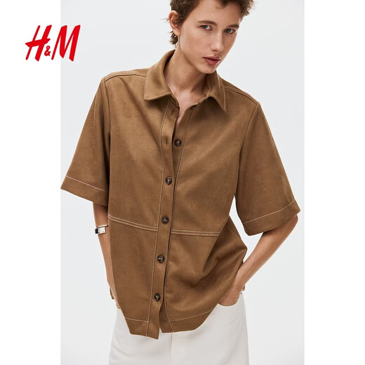 H&M 2026 new spring women's short-sleeved shirt 1325240 dark beige XS 155/80