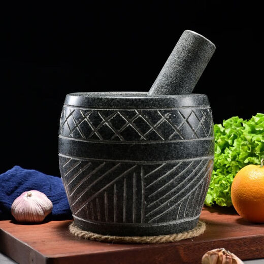 He Jiagong's handmade natural garlic pounder stone mortar household garlic mortar pound medicine jar hand-cut whole stone grinding peeling garlic press garlic grinder handmade bluestone special stone mortar with lid