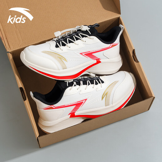 ANTA children's sports shoes for men and older children 2026 spring and autumn new dense mesh breathable shock-absorbing buckle one-leg running shoes ivory white/fire red/metallic gold 33 foot length 20.5cm