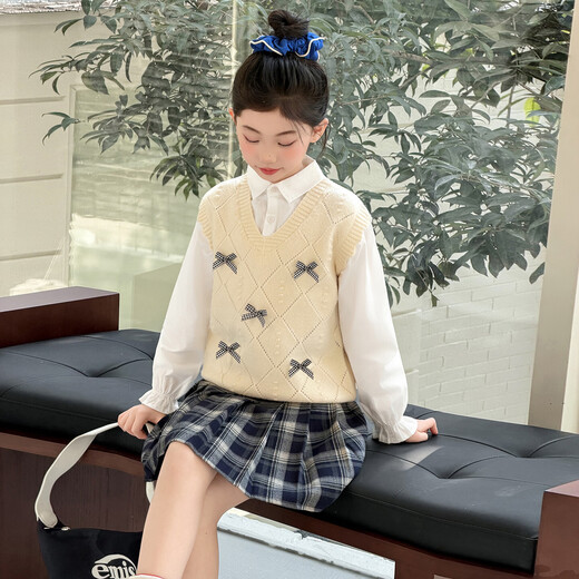 Girls spring fake two-piece tops 2026 new medium and large children's fashionable patchwork shirts children's fashionable children's clothing apricot 140